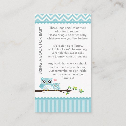 フクロウ赤ちゃんシャワーブルー持って来る本シャワーインサート エンクロージャーカード (正面)