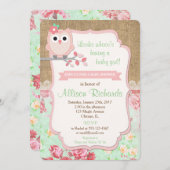 フクロウ赤ちゃんシャワー招待バーラップレースミントピンク 招待状 (正面/裏面)