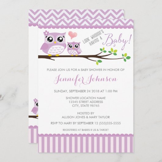 フクロウ赤ちゃんシャワー招待状 |紫色のシェブロン |少女 招待状 (正面/裏面)