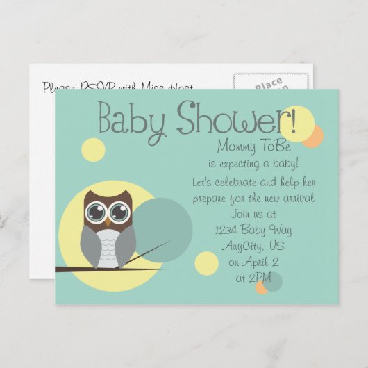 フクロウ赤ちゃんシャワー – 男の子はがき招待状 インビテーションポストカード (正面/裏面)