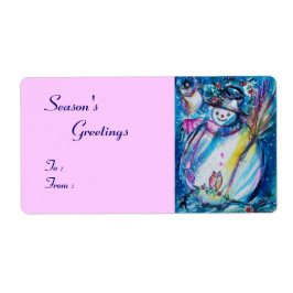 フクロウ雪だるま、白い青のピンク ラベル