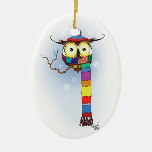 フクロウ雪のスカーフハットかわいい セラミックオーナメント (正面)