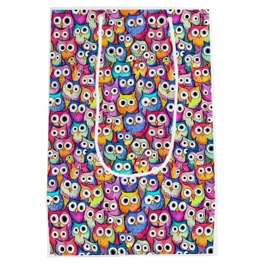 フクロウ顔の漫画の鳥パターンraptor鳥の餌食 ミディアムペーパーバッグ (裏面)