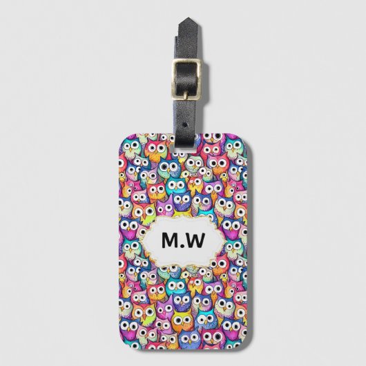 フクロウ顔マンガ鳩モノグラムイニシャル ラゲッジタグ (正面縦)