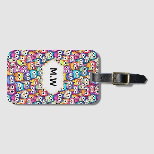 フクロウ顔マンガ鳩モノグラムイニシャル ラゲッジタグ (正面横)