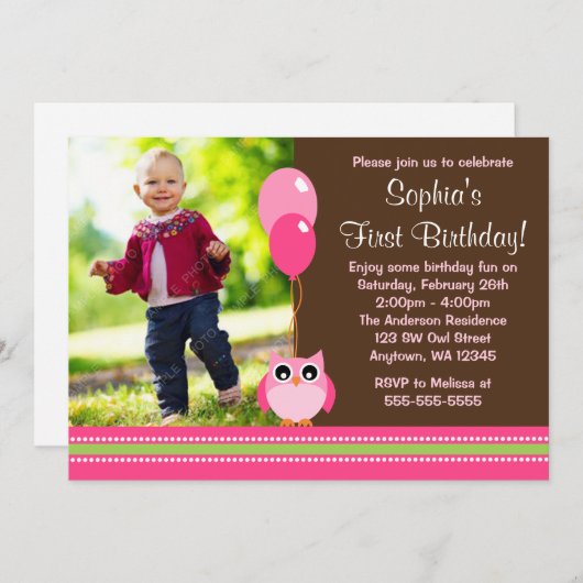 フクロウ風船茶色のピンクのフォト誕生日 招待状 (正面/裏面)