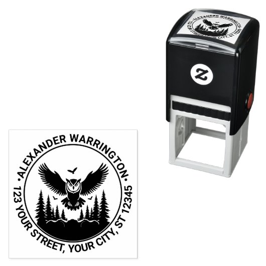 フクロウ飛んでいるフロントビューモミの木の名前Retアドレス セルフインキングスタンプ (インサイチュ)