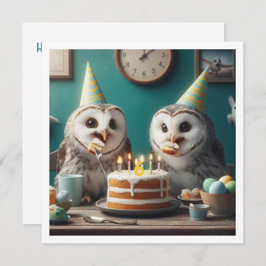 フクロウ食べ物ズケーキおもしろいフクロウ誕生日招待状 招待状 (正面/裏面)