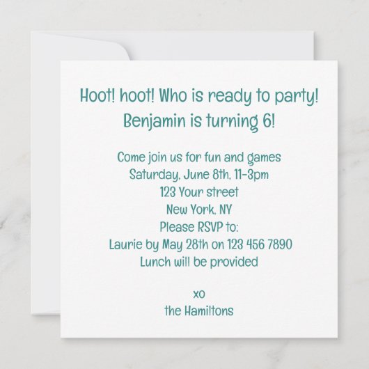 フクロウ食べ物ズケーキおもしろいフクロウ誕生日招待状 招待状 (裏面)