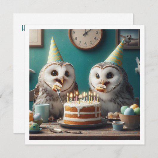 フクロウ食べ物ズケーキおもしろいフクロウ誕生日招待状 招待状 (正面/裏面)