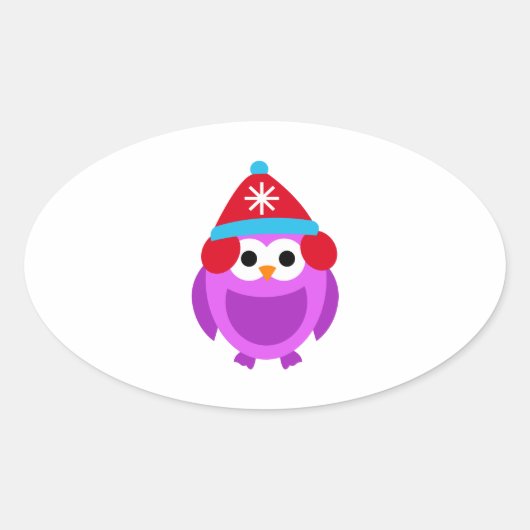フクロウ鳥の紫色の冬の赤帽子かわいい漫画 楕円形シール (正面)