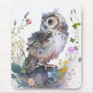 フクロウ鳥ポートレート動物絵画の野生生物林 マウスパッド