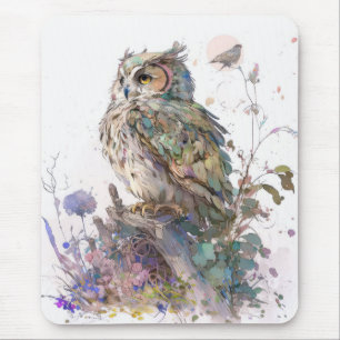 フクロウ鳥ポートレート動物絵画の野生生物林 マウスパッド