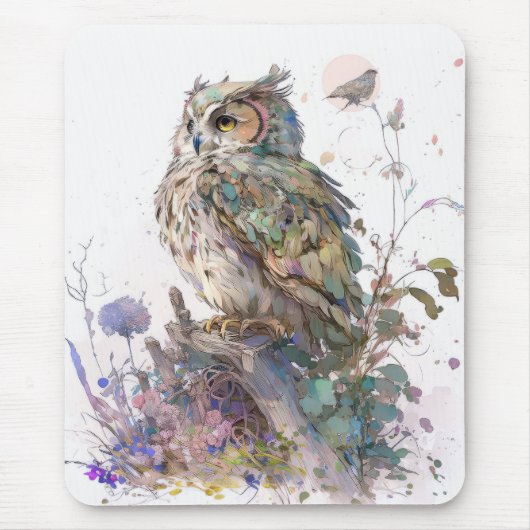 フクロウ鳥ポートレート動物絵画の野生生物林 マウスパッド (正面)