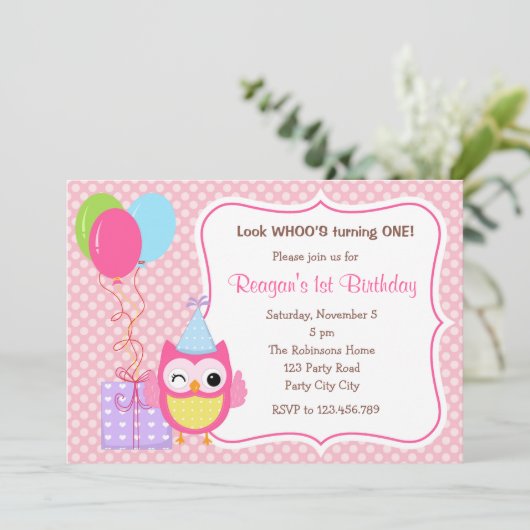 フクロウ1歳の女の子の誕生日招待状（バルーン） 招待状 (スタンド正面)