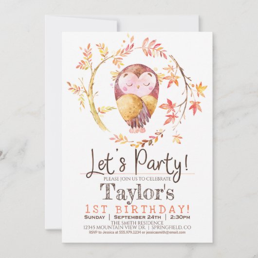 フクロウ1歳の誕生日パーティの招待状 招待状 (正面)