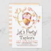 フクロウ1歳の誕生日パーティの招待状 招待状 (正面/裏面)