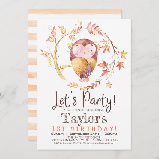 フクロウ1歳の誕生日パーティの招待状 招待状 (正面/裏面)