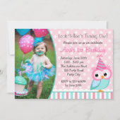 フクロウ1歳の誕生日招待状とフォトターコイズ 招待状 (正面)