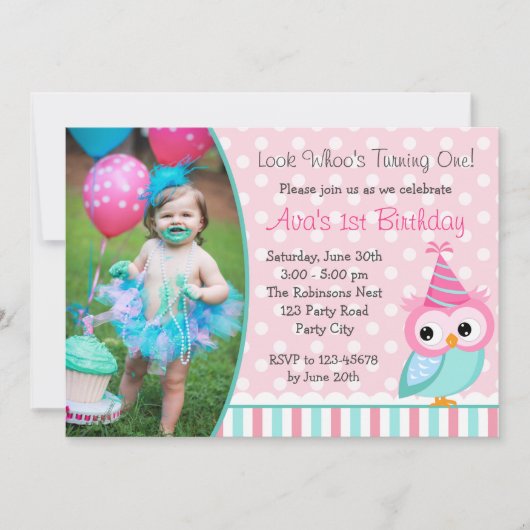 フクロウ1歳の誕生日招待状とフォトターコイズ 招待状 (正面)