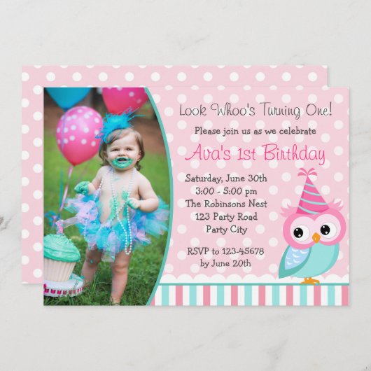 フクロウ1歳の誕生日招待状とフォトターコイズ 招待状 (正面/裏面)