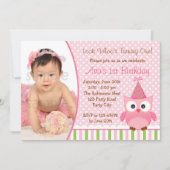 フクロウ1歳の誕生日招待状と女の子の写真 招待状 (正面)