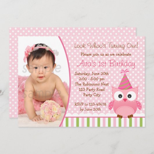 フクロウ1歳の誕生日招待状と女の子の写真 招待状 (正面/裏面)
