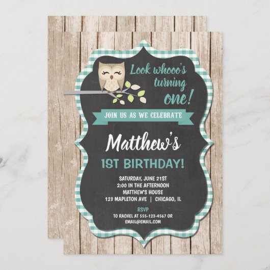 フクロウ1歳の誕生日招待状男の子ウッドランド誕生日 招待状 (正面/裏面)