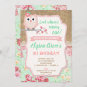 フクロウ1歳の誕生日招待状、ガールフクロウの誕生日 招待状 (正面/裏面)