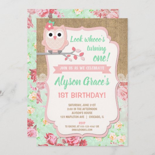 フクロウ1歳の誕生日招待状、ガールフクロウの誕生日 招待状 (正面/裏面)