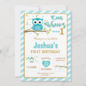 フクロウ1st誕生日招待状ボーイターコイズと金ゴールド 招待状 (正面)