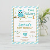 フクロウ1st誕生日招待状ボーイターコイズと金ゴールド 招待状 (スタンド正面)