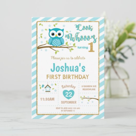 フクロウ1st誕生日招待状ボーイターコイズと金ゴールド 招待状 (スタンド正面)