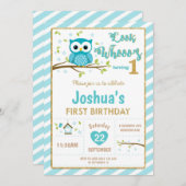 フクロウ1st誕生日招待状ボーイターコイズと金ゴールド 招待状 (正面/裏面)