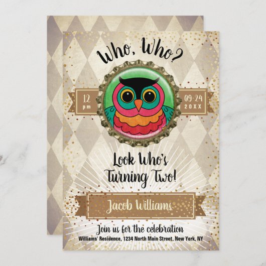 フクロウ2歳の誕生日パーティー 招待状 (正面/裏面)