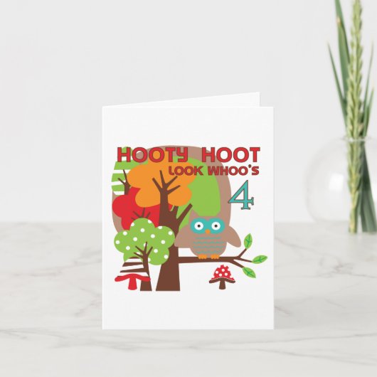 フクロウ4歳の誕生日Tシャツと贈り物 カード (正面)