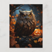 フクロウ、かぼちゃと満月ハロウィンハガキ ポストカード (正面)