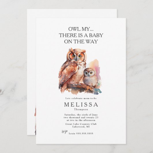 フクロウ…かわいい赤ちゃんシャワー 招待状 (正面/裏面)