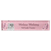 フクロウ&さくらんぼブラッズピンクグリッター デスクネームプレート (正面)