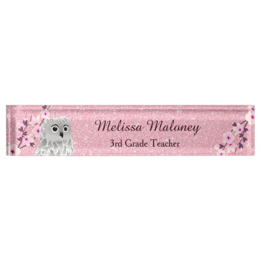 フクロウ&さくらんぼブラッズピンクグリッター デスクネームプレート (正面)