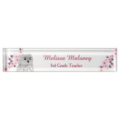 フクロウ&さくらんぼブロッサムピンクホワイト先生 デスクネームプレート (正面)