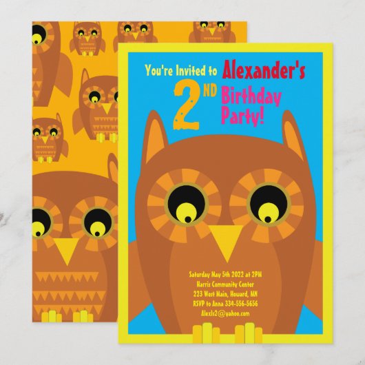 フクロウ・アニマル・キッドのバースデーパーティ招待状 招待状 (正面/裏面)