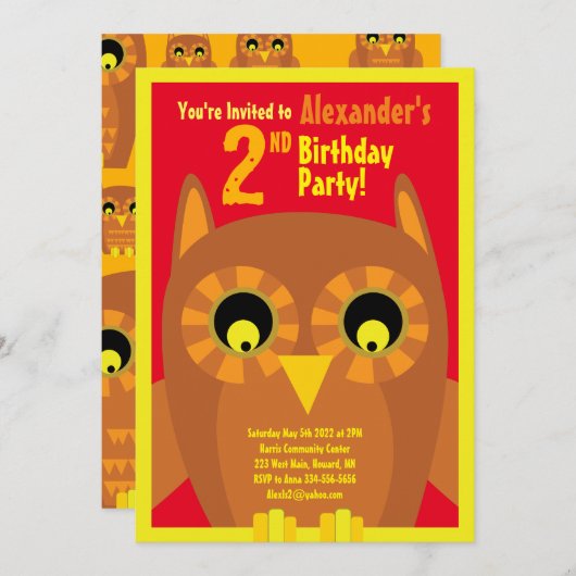 フクロウ・アニマル・キッドのバースデーパーティ招待状 招待状 (正面/裏面)