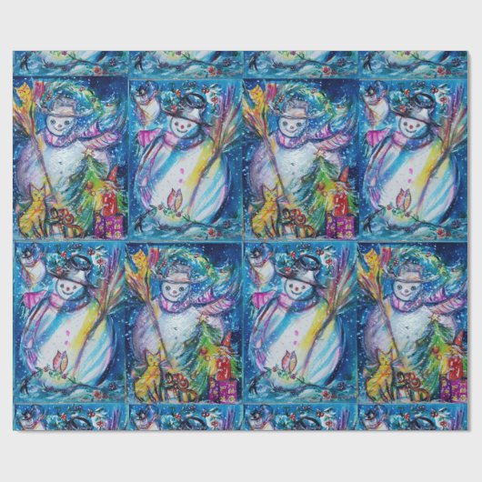 フクロウ、クリスマスツリー、玩具付き冬雪だるま ラッピングペーパー (フラット)