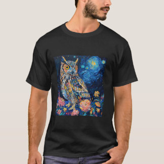フクロウ ゴッホ風ペイントスタイル かわいいペットB Tシャツ