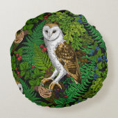 フクロウ、シダ、オーク、ベリー ラウンドクッション (裏面)
