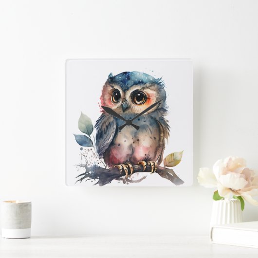 「フクロウ」 スクエア壁時計 (ホーム)