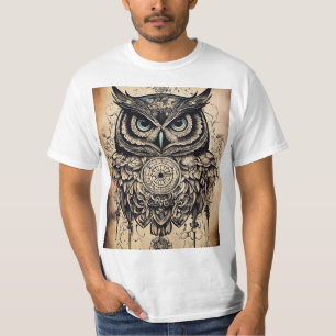「フクロウ・タトゥーがプリントしたTシャツスタイリッシュ: Tシャツ