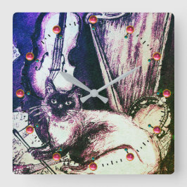 フクロウ·バイオリンとハープを有するミュージカル猫 スクエア壁時計