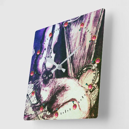 フクロウ·バイオリンとハープを有するミュージカル猫 スクエア壁時計 (傾斜)